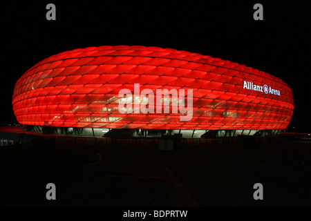 Allianz Arena at night, red light, football stadium of FC ...