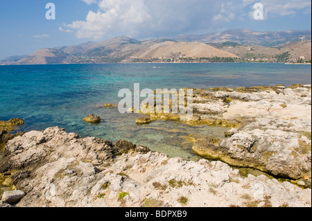 Rocky shoreline at Lassi near Argostoli on the Greek Mediterranean island of Kefalonia Greece GR Stock Photo