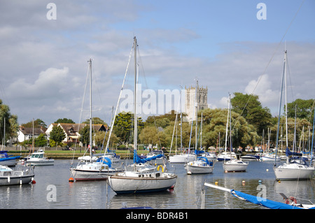 Town view from Wick Marsh across River Stour, Christchurch, Dorset, England, United Kingdom Stock Photo