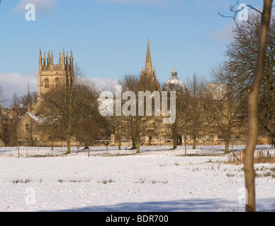 The rooftops of Merton College, St Mary's Church and the Radcliffe Camera across Christ Church Meadow in winter, Oxford Stock Photo