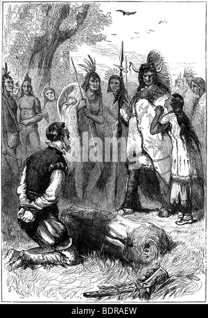 Pocahontas saves Captain Smith's life, 1607 (c1880). Artist: Unknown Stock Photo