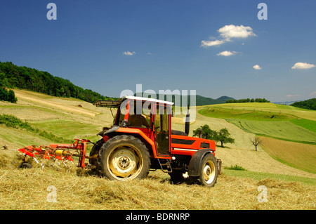 Tractor making hay on meadows in the Swiss Central Plateau, canton of Aargau, Switzerland Stock Photo