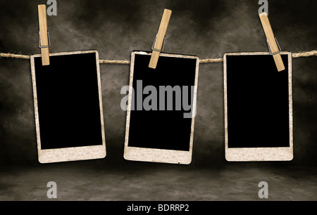 Antique Film Blanks Hanging on a Rope. Easily Insert Your Message of Photographs. Stock Photo