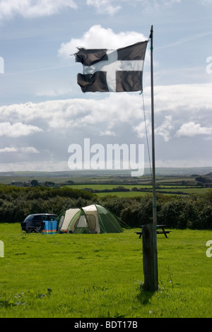 Cornish flag flying on campsite, Cornwall, UK Stock Photo