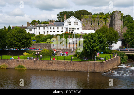 View over River Usk toward Castle Hotel in Brecon Powys Wales UK Stock Photo