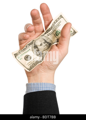 One hundred dollar bill on a man's hand. Isolated on white. Stock Photo
