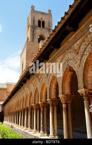 Cloisters with decorated coloumns of Monreale Cathedral - Palermo - Sicily Stock Photo