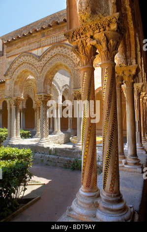 Cloisters with decorated coloumns of Monreale Cathedral - Palermo - Sicily Stock Photo