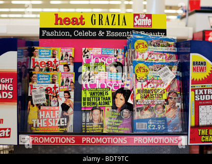 Celebrity gossip / real life magazines on sale in Tesco. Stock Photo