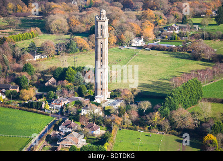 Aerial view of Sway Folly Tower, also known as Peterson's Folly.  Sway, Hampshire. UK.  Autumn. Stock Photo