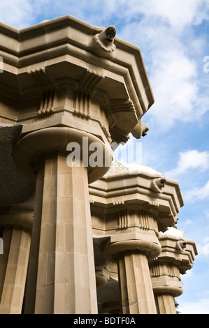 Columns supporting the seating area of Park Guell, designed by Antoni Gaudi, in Barcelona, Spain. Stock Photo