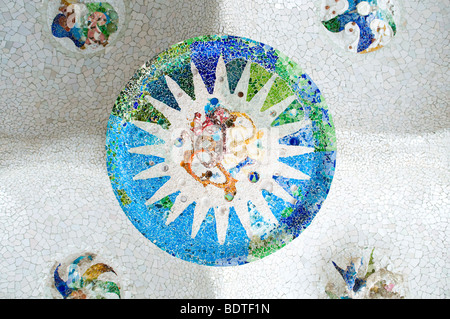 The ceiling beneath the main terrace of Park Guell, designed by Antoni Gaudi, in Barcelona, Spain. Stock Photo