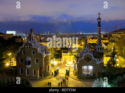 The gate houses of Park Guell, designed by Antoni Gaudi, in Barcelona, Spain. Stock Photo