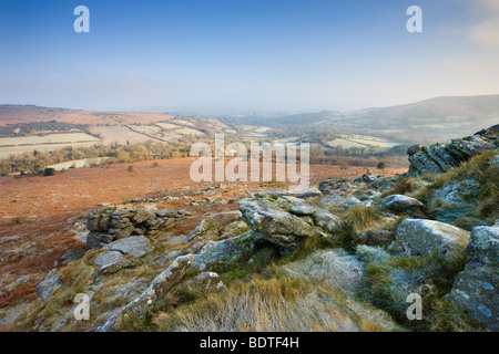 Frosty and misty moorland near Hound Tor, Dartmoor National Park, Devon, England. Winter (January) 2009 Stock Photo