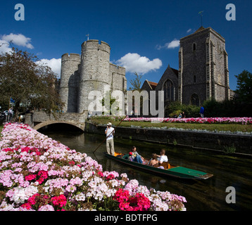 Man Punting Tourists Along The Westgate Gardens On The River Stour in Canterbury ,Kent, UK Stock Photo