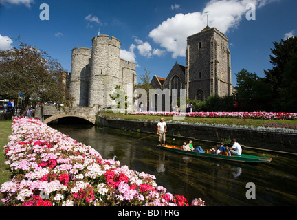 Man Punting Tourists Along The Westgate Gardens On The River Stour in Canterbury ,Kent, UK Stock Photo