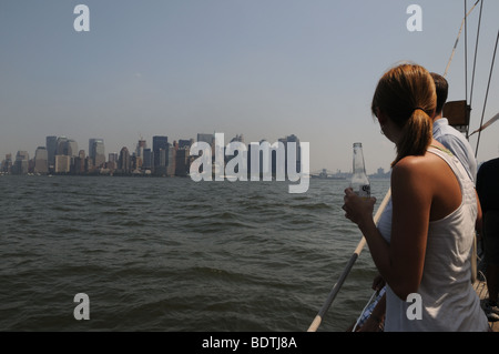 New York harbor and Lower Manhattan as seen from a sailboat. Aug. 16, 2009 Stock Photo