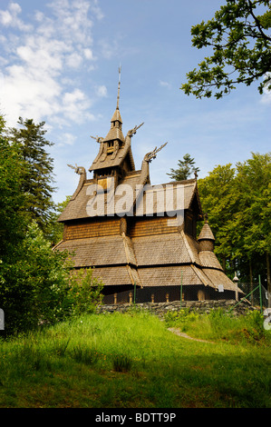 Fantoft stave church, built around 1150, reconstructed in 1992 after a fire, Bergen, Norway, Europe Stock Photo