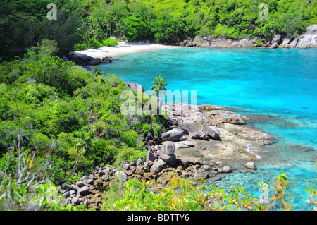 Granite rocks and beach, Anse Major, Anse Jasmin, Northwest coast of Mahe Island, Seychelles, Africa, Indian Ocean Stock Photo