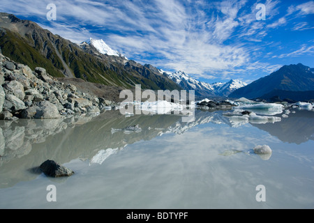 Mountains of Mount Cook Nationalpark reflected in Tasman Glacier Lake, Canterbury, South Island, New Zealand Stock Photo