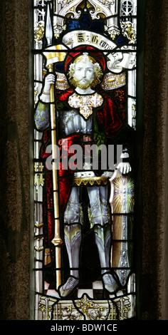 Stained glass window by Percy Bacon & Brothers depicting Saint George, Laneast Church, Cornwall (1902) Stock Photo