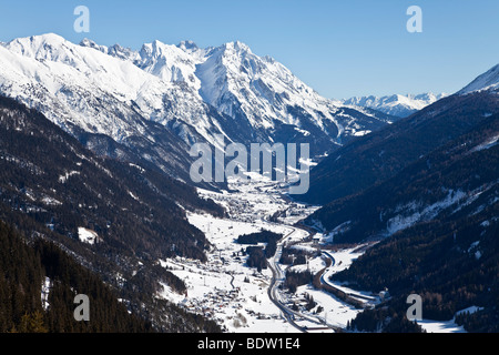 Europe, Austria, Tirol. St. Anton am Arlberg, view over St. Jakob from the slopes of the ski resort of St Anton Stock Photo