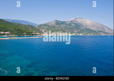 Scenic view over Poros Bay and mountain on the Greek Mediterranean island of Kefalonia Greece GR Stock Photo