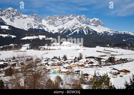 Ellmau ski resort, Wilder Kaiser mountains beyond, Tirol, Austria Stock Photo