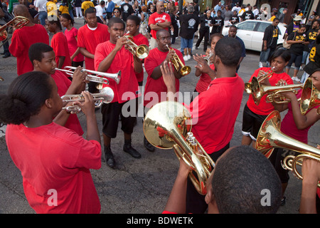 Detroit, Michigan - A high school marching band rehearses before participating in the Labor Day parade. Stock Photo