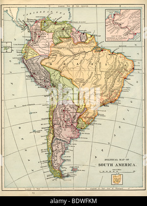 Original old map of South America from 1875 geography textbook Stock Photo