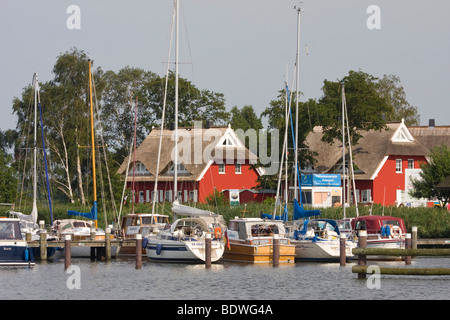 Yachts on the Darss peninsula in the marina of Ahrenshoop-Althagen in front of typical boathouses, Mecklenburg-Western Pomerani Stock Photo