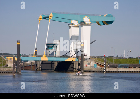 Bascule bridge at the Este barrage at Este estuary, Cranz, Altes Land, Hamburg, Lower Saxony, Germany, Europe Stock Photo