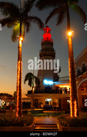 The Lighthouse Hotel, night, illuminated, fairy lights, restaurant, palm trees, romantic mood, Olongapo City, Subic Bay, Luzon  Stock Photo