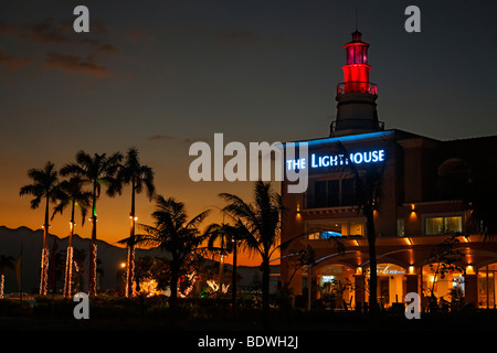 The Lighthouse Hotel, night, illuminated, fairy lights, restaurant, palm trees, romantic mood, Olongapo City, Subic Bay, Luzon  Stock Photo