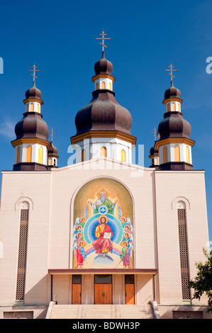The exterior front of the Ukrainian Orthodox, Holy Trinity Cathedral in Winnipeg, Manitoba, Canada. Stock Photo