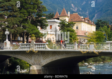 Art Nouveau bridge over Passer River, Merano, Trentino, Alto Adige, Italy, Europe Stock Photo