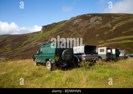 Several gamekeepers Scottish Estate vehicles parked on Invercauld moorland, Glenshee, Perthshire, Scotland, uk Stock Photo