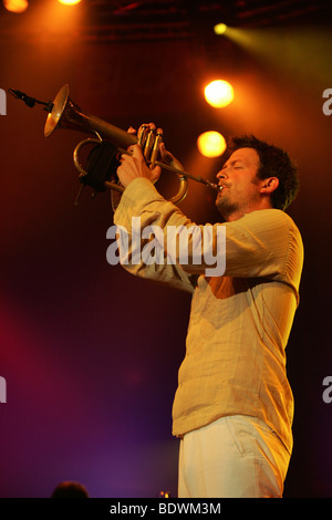 Till Broenner, German jazz trumpeter, singer and composer, performing live at Blue Balls Festival in the Lucerne Hall of the KK Stock Photo