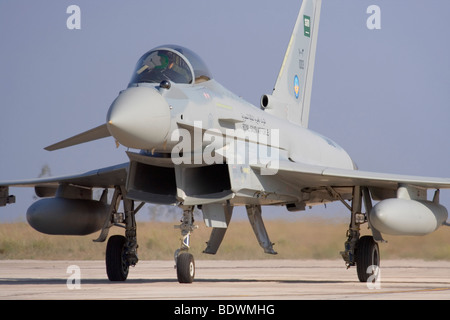 Advanced technology in modern warfare. Royal Saudi Air Force Eurofighter EF2000 Typhoon jet fighter airplane. Close up front view. Stock Photo