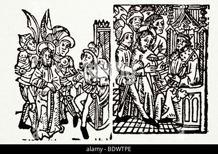 w caxton 1505 w. de worde boke of comforte jesus before pilate a soldier with a curved sword jesus smaller in a double cruciform Stock Photo