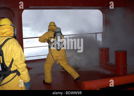 Fire drill, container ship Stock Photo