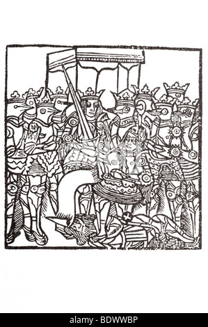 w de worde 1513 distruction of jerusalem four kings in armour crowned wearing pointed closed visors a queen in armour a sword ov Stock Photo