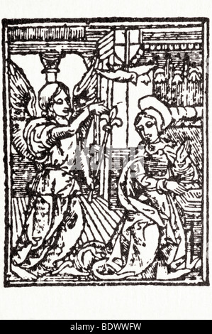 r pynson 1522 18 january hore beatissime virginis marie the annunciation gabriel a sceptre in his left hand the dove mary nimbed Stock Photo