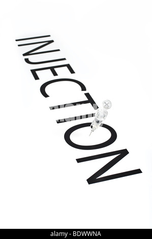 Words Injection Graphic representation of the word INJECTION with hypodermic syringe ...