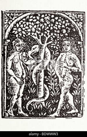 j notary 1503 1504 16 febuary voragine jacobus de legenda aurea eve holding an apple the serpant twined around the tree adam whi Stock Photo