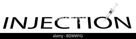 Words Injection Graphic representation of the word INJECTION with hypodermic syringe ...