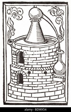 p treveris 1527 18 apr hieronymus von braunschweig boke of distyllacyon a round furnace with two windows liquid pouring from a c Stock Photo