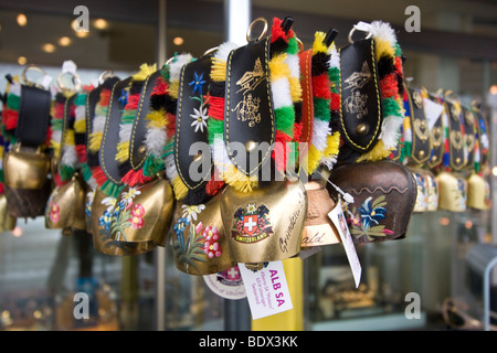 Cow bells for sale at tourist shop in Grindelwald, Switzerland. Cows are very popular in Switzerland, as is dairy products. Stock Photo