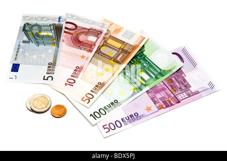 euro bills and coins isolated on a white background Stock Photo
