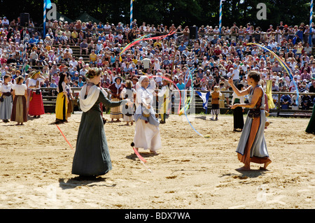 Women swinging ribbons, Knights' Tournament in Kaltenberg, Upper Bavaria, Bavaria, Germany, Europe Stock Photo
